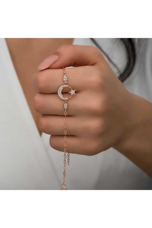 925 Ayar Gümüş Rose Ay Yıldız Kadın Bileklik
