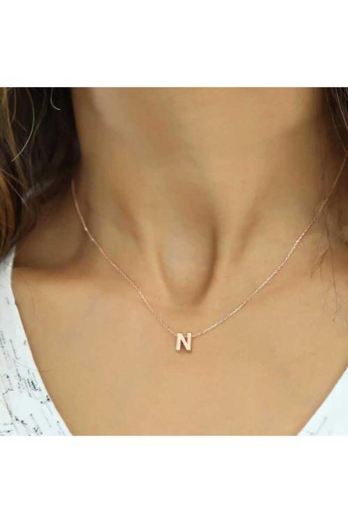 Gümüş Rose 3 Boyutlu N Harf  Kolye