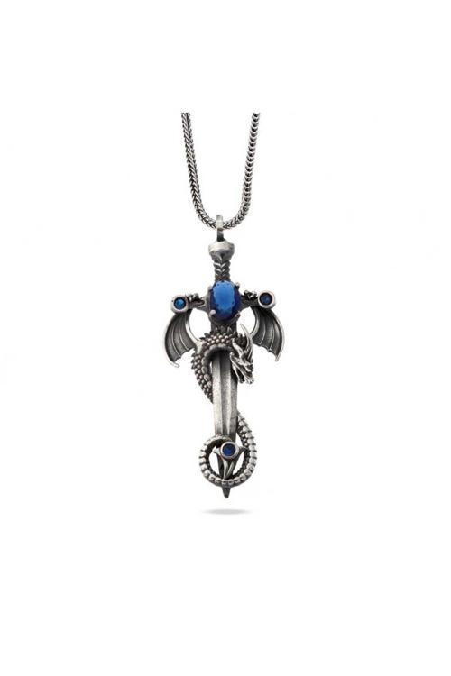 Gümüş Safir Taşlı Ejderha Erkek Kılıç Kolye
