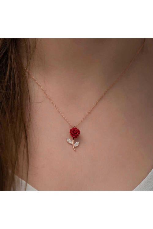 Gümüş Rose Kırmızı Gül Kolye