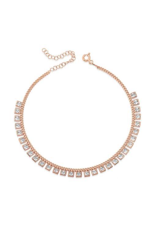 Gümüş Gurmet Zincirli Kare Zirkon Taşlı Rose Gold Halhal
