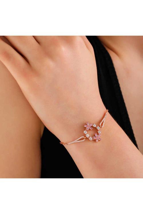 925 Ayar Gümüş Rose Pembe Çiçek Kadın Bileklik