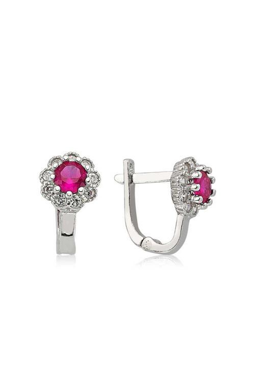 Gümüş Kırmızı Taşlı Çiçek Küpe