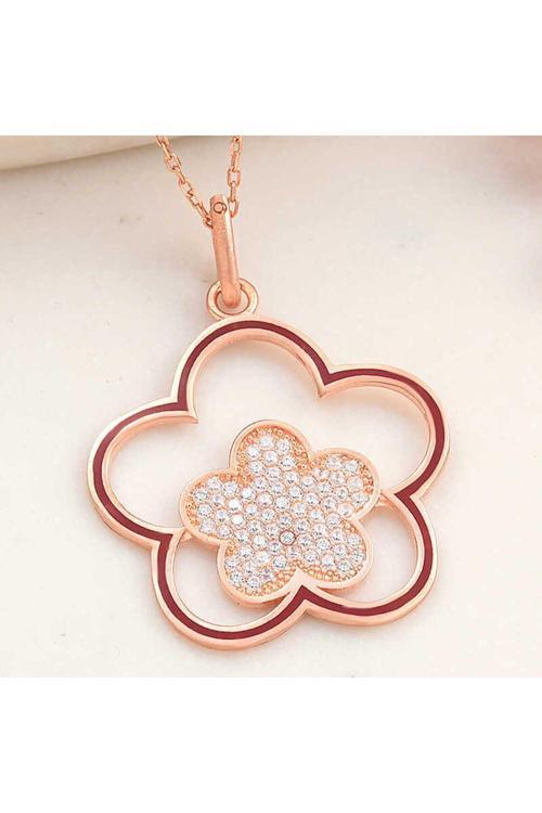 Gümüş Rose Çiçek Desenli Kadın Kolye