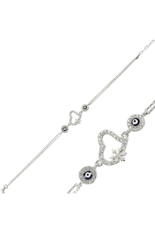 Gümüş Nazarlı Kar Tanesi Kalp Bileklik