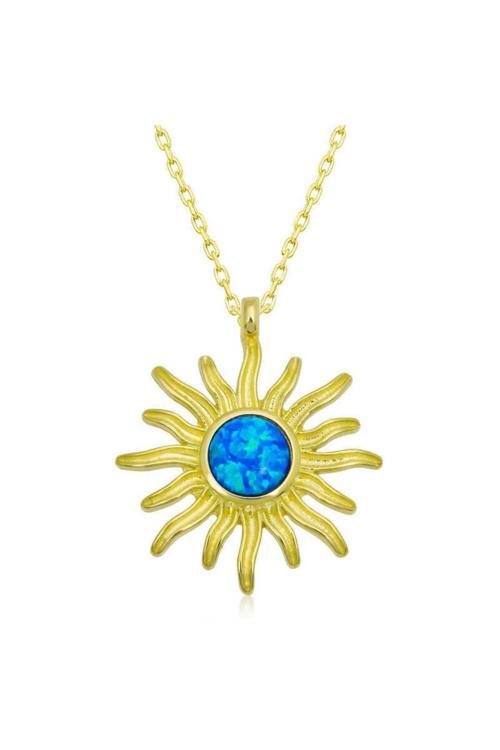 Gümüş Gold Mavi Opal Taşlı Güneş Kadın Kolye