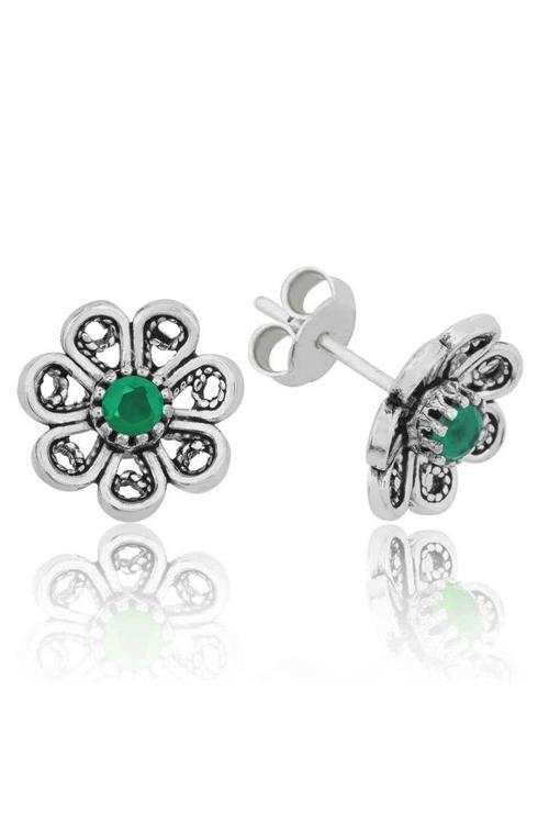 Gms Yeşil Telkari Çiçek Çivili Kadın Gümüş Küpe