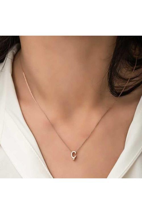 Gümüş Rose 3 Boyutlu Ç Harf  Kolye