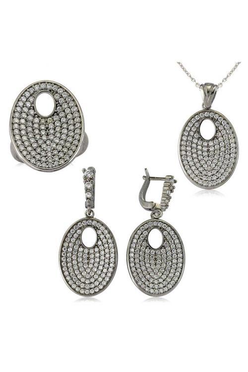 Gümüş Beyaz Taşlı Oval Set