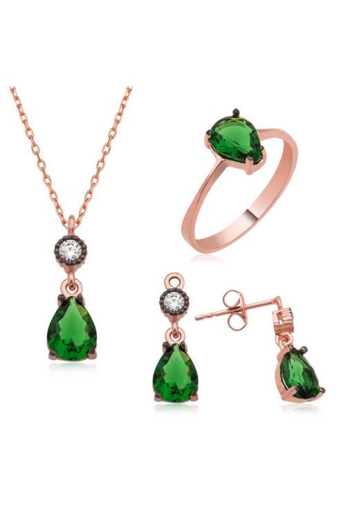 Gümüş Yeşil Damla Taşlı Set