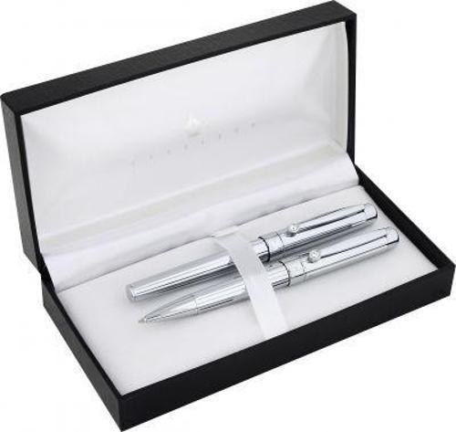 Steelpen 783 Dolma Kalem + Tükenmez Kalem Set Parlak Krom Taşlı
