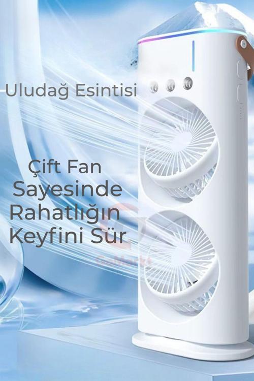 Şarjlı Kumandalı Çift Fanlı Işıklı Su Püskürtmeli Buzlu Nemlendiricili Döner Serinletici Vantilatör
