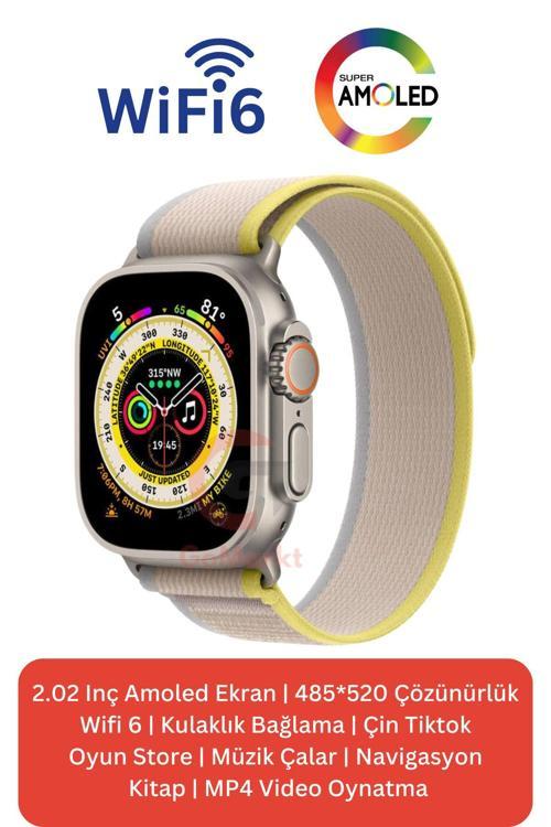 Hk10 Ultra 3 Wifi Versiyon 49Mm Gümüş Kasa Sarı-Mavi Bez Kordon Akıllı Saat Kordon Hediyeli