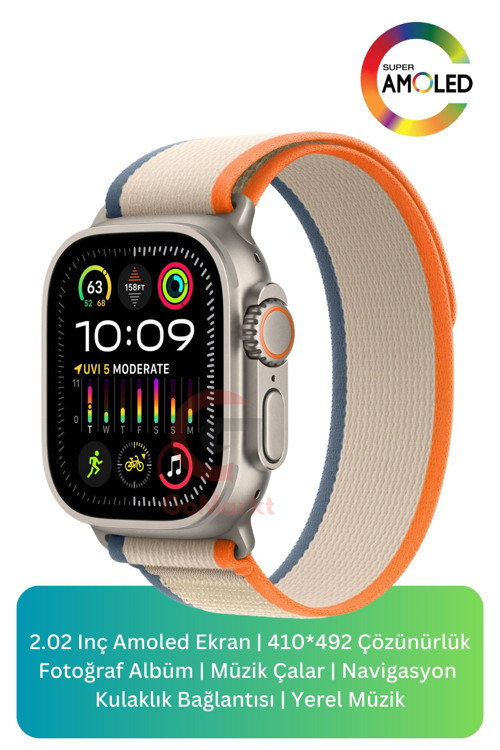 Hk10 Ultra 3 49Mm Akıllı Saat Gümüş Kasa Bez Renkli Kordon Ekstra Kordon Hediyeli