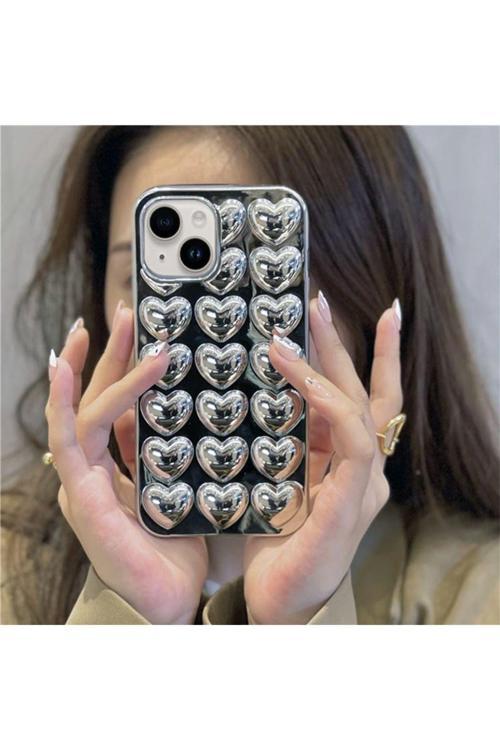 İphone 14 Premium  Uymulu Tasarım Gümüş Kalpli Silikon Kılıf