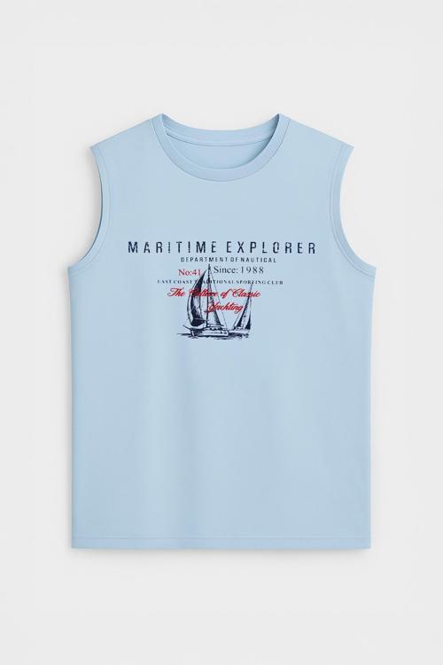 Erkek Bisiklet Yaka Baskılı Açık Mavi Kolsuz T-shirt