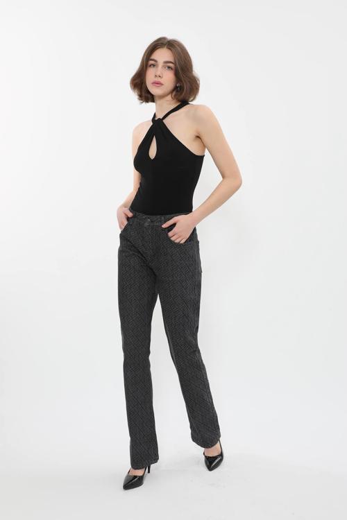 Kadın Yüksek Bel %100 Pamuk Desenli Flare İspanyol Paça Gri Siyah Karışımlı Jean Pantolon