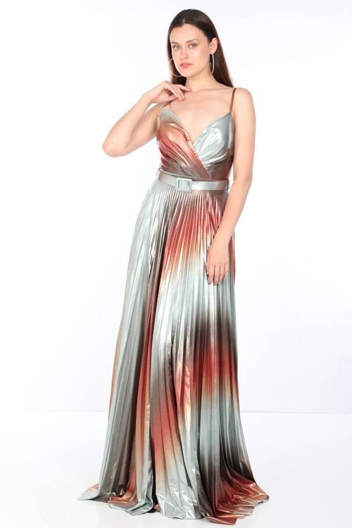 Kadın İnce Askılı Piliseli Parlak Abiye Renkli