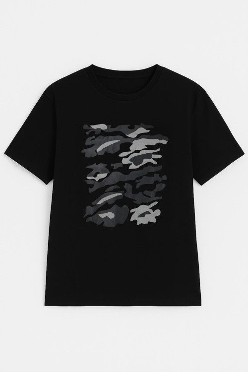 Erkek Bisiklet Yaka %100 Pamuk Baskılı Siyah T-shirt