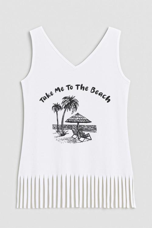 Kadın V Yaka Kolsuz Beach Baskılı Püsküllü İnce Esnek Plaj Elbise