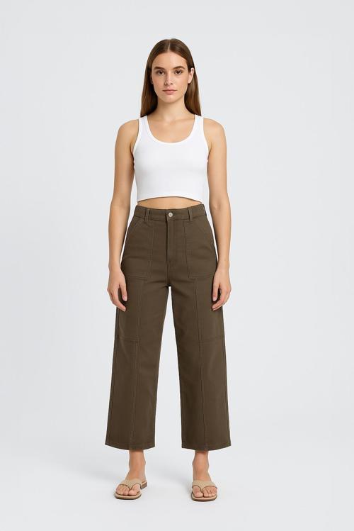 Kadın Yüksek Bel Geniş Paça Yan Cep Haki Jean Pantolon