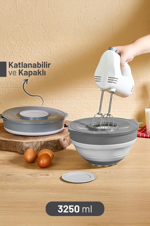 Katlanır Akordiyon Sıçramayı Önleyici Kapaklı Mikser Karıştırma Kabı 3250 ml