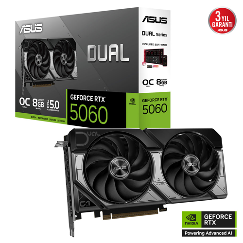 DUAL-RTX5060-O8G, 8Gb, 128Bit, GDDR7, 1xHDMI, 3xDP GAMING Ekran Kartı