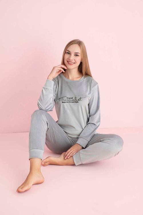 Kadın Kışlık Bisiklet Yaka Kadife Pijama Takımı 3023G - 1 Adet M-Gümüş