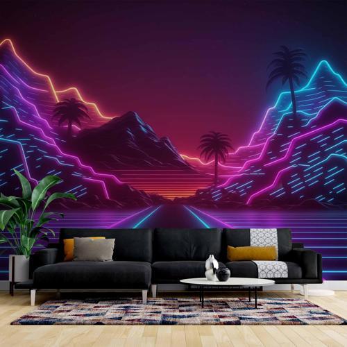 3 Boyutlu Neon Dağ ve Yol Duvar Kağıdı