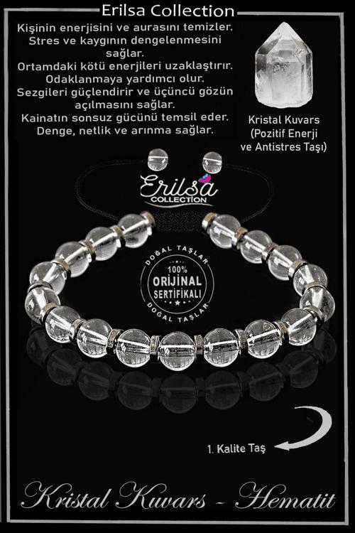 Sertifikalı Orijinal Hematit - Kristal Kuvars Taşı Bileklik - Ayarlamalı