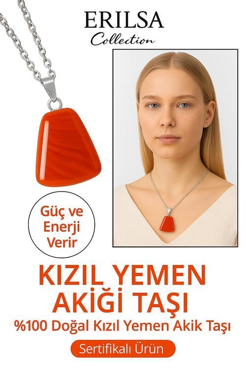 Sertifikalı AAA+ Kızıl Yemen Akiği Kolye – Beşgen Model, Gümüş Aparatlı