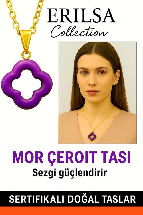 Sertifikalı Gold Yonca Model Mor Çeroit Taşı Kolye Sezgi Güçlendirir