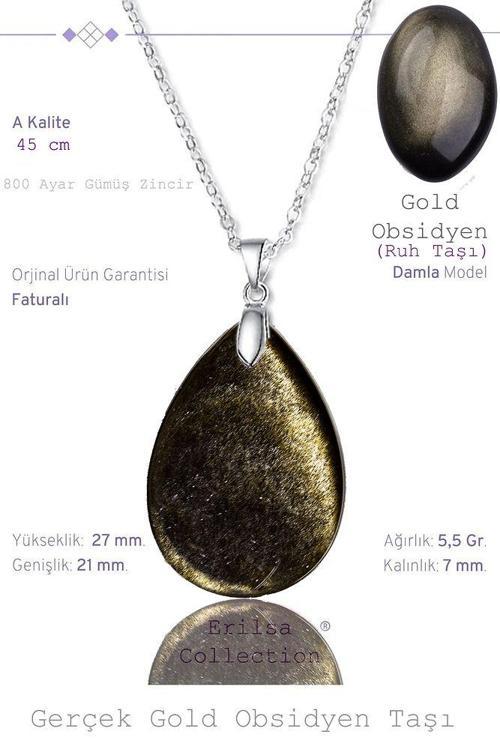 Sertifikalı Damla Model Gold Obsidyen Taşı Kolye (GÜMÜŞ APARATLI)