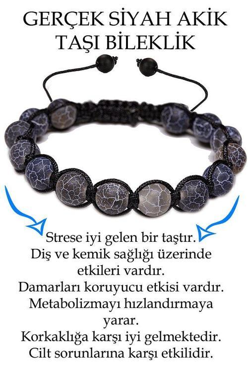 Sertifikalı Damarlı Siyah Akik Taşı Bileklik - Makrome