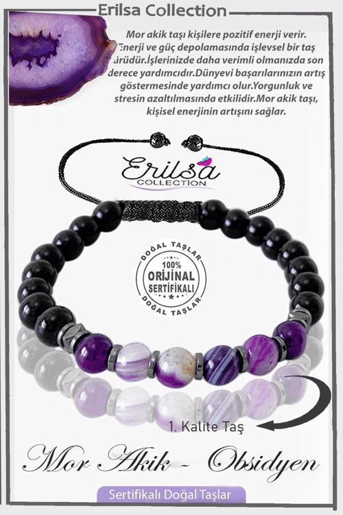 Sertifikalı Gerçek Hematit - Obsidyen - Mor Akik Taşı Bileklik