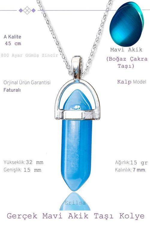 Sertifikalı Çivi Model Koyu Mavi Akik Taşı Kolye (1.Kalite)