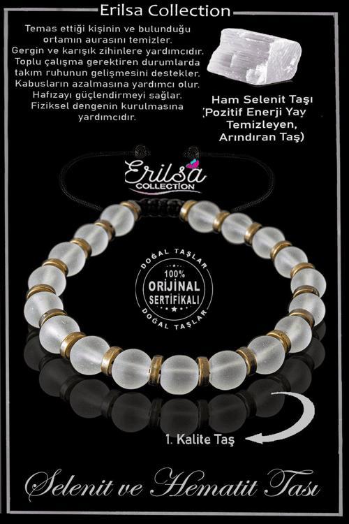 Sertifikalı Gerçek Hematit - Selenit Taşı Bileklik - Ayarlamalı