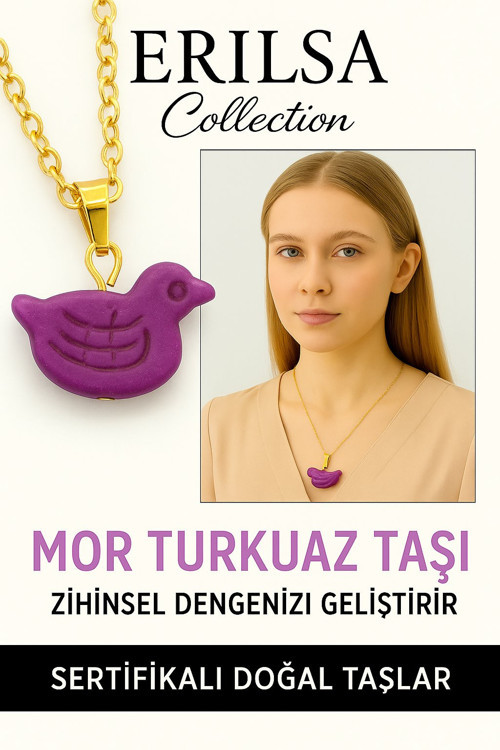 Sertifikalı Kuş Model Mor Turkuaz Taşı Kolye – Ruhsal Denge, Şans ve Koruma Taşı