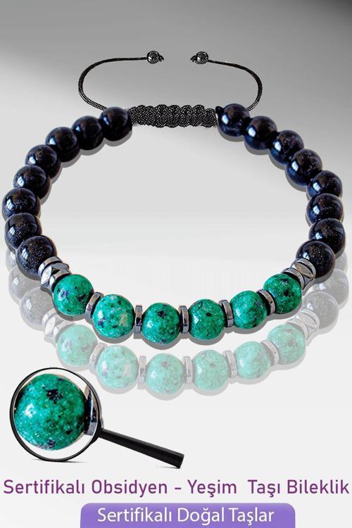 Sertifikalı Gerçek Doğal Obsidyen - Yeşim Taşı Bileklik - Ayarlamalı