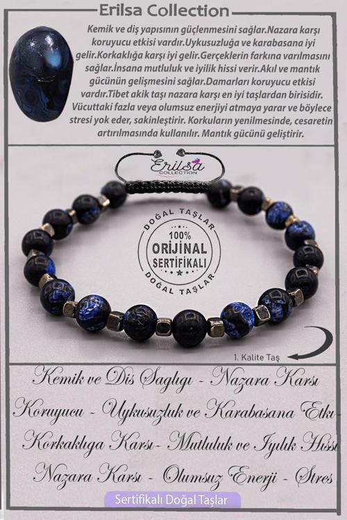 Sertifikalı AAA+ Kalite Gerçek Terahertz - Mavi Tibet Akik Taşı Bileklik - Ayarlamalı