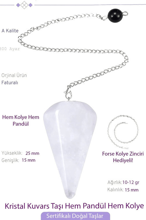 Sertifikalı Kristal Kuvars Taşı Pandül Sarkaç Hem Pandül - Hem Kolye