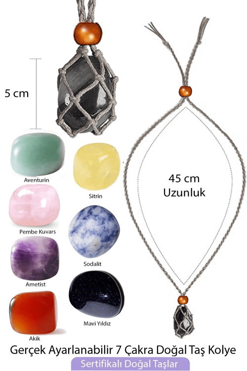 Sertifikalı Şifa Kolye Seti Makrome Örgülü 7 Çakra Doğal Taş Kolye Ayarlanabilir - Gri