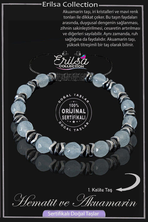 Sertifikalı Gerçek Fasetli Hematit - Akuamarin Taşı Bileklik