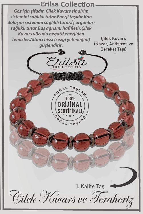 Sertifikalı Gerçek Hematit - Çilek Kuvars Taşı Bileklik - Ayarlamalı