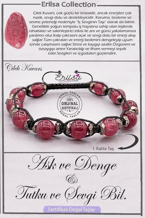 Sertifikalı AAA+ Kalite Doğal Çilek Kuvars Taşı Bileklik - Aşk Denge Tutku Sevgi Bilekliği