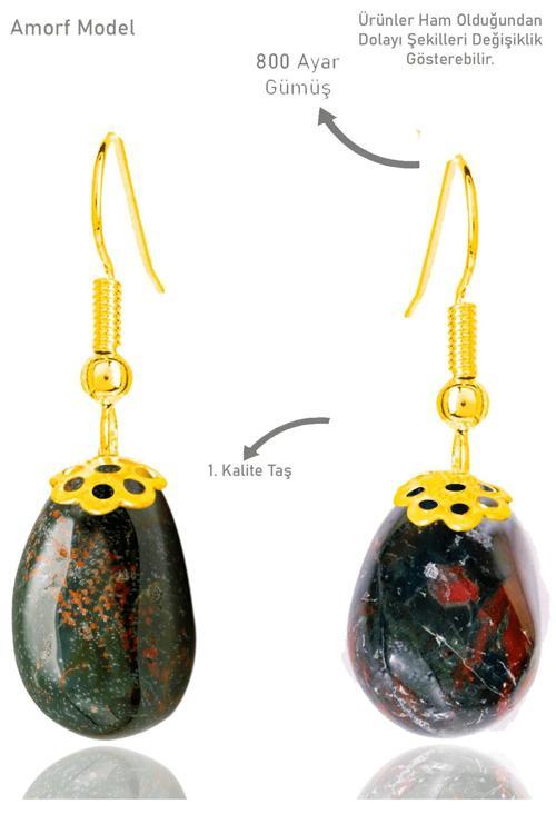 Sertifikalı Amorf Model Kan Taşı Küpe (Heliotrop Taşı) - Gold Renkli
