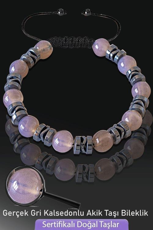 Sertifikalı Gri Kalsedonlu Akik Taşı Bileklik - Ayarlamalı