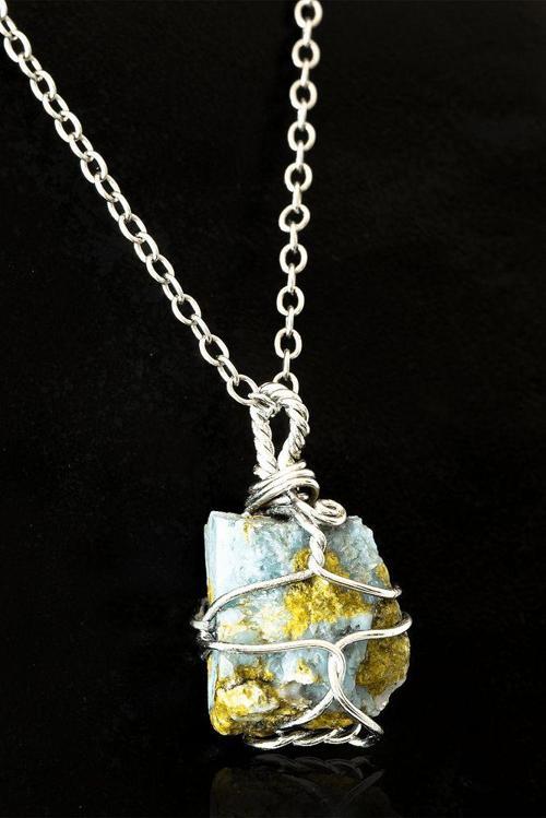 Sertifikalı Ham Tel Sargılı Larimar Taşı Kolye (Atlantis Taşı)
