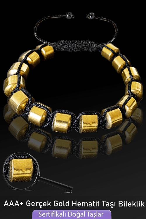 Sertifikalı Fıçı Model Gerçek Gold Hematit Taşı Bileklik - Ayarlamalı