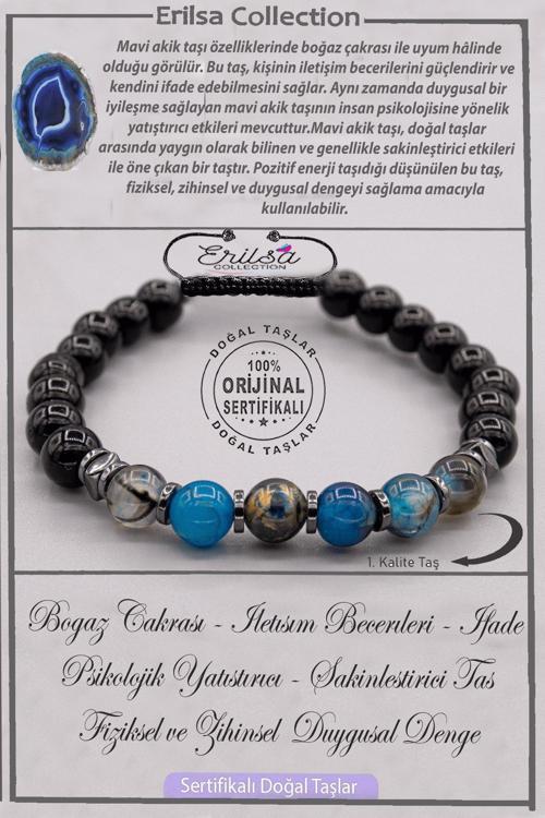 Sertifikalı AAA+ Kalite Gerçek Terahertz - Mavi Akik Taşı Bileklik - Ayarlamalı